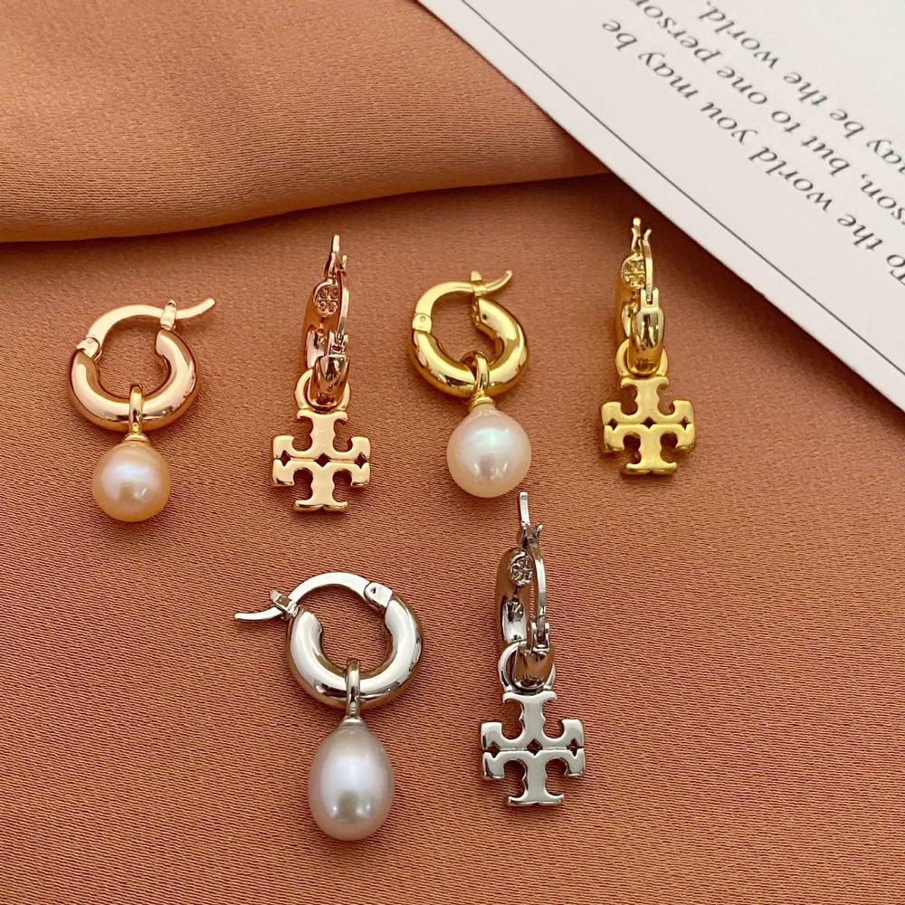 Tory Burch Pearl Inlay Letter Asymmetric Metal Earrings